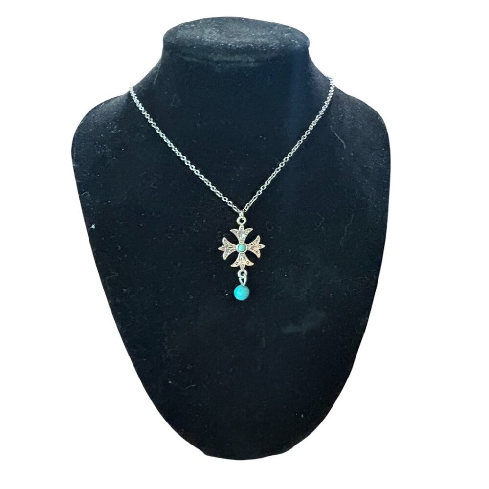 16 - inch Turquoise and silver Iron Cross necklace